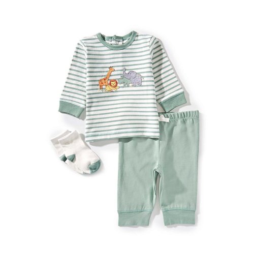 Little Me Baby Boys Long Sleeve Striped Jungle T-Shirt, Matching Jogger Pants, & Sock Set
