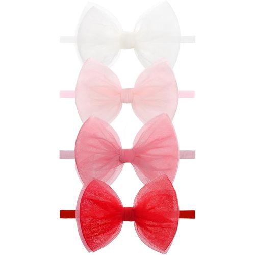 4 Pcs 4.5’’ Organza Lace Bow for Baby Girls White Headbands Pink Mesh Hair Bows Baby Shower Gifts for Newborn Infant Toddler Girl