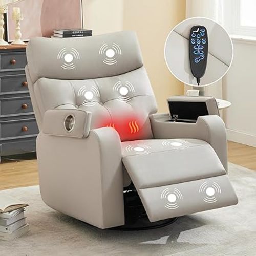 Power Swivel Rocking Recliner with Massage & Heat, PU Leather Rocker Reclining with Type-C Port & Timing, Oversized Swivel Glider Recliner with Dual Storage Arms & Cup Holder, Light Grey