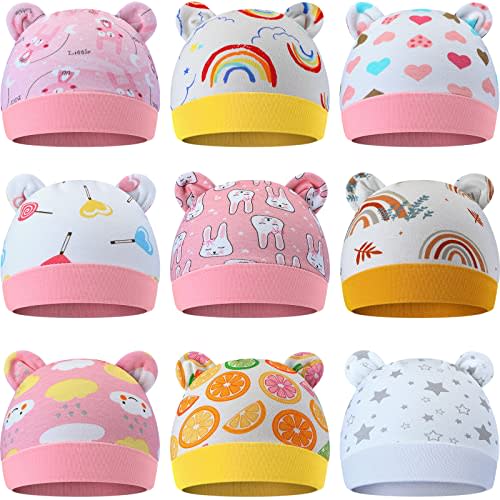 Geyoga 9 Pieces Newborn Baby Hat Bear Ears Infant Caps Baby Boy Girl Toddler Hats Infant Beanie Caps for 0-3 Months