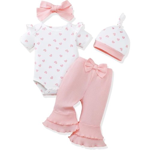 Renotemy Newborn Baby Girl Clothes Infant Romper Spring Summer Outfits Gifts Bell Bottoms Pant Sets for Girls Preemie-12Month