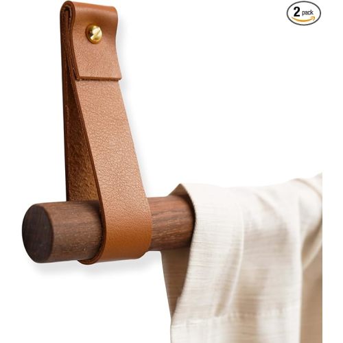 Leather Wall Mounted Curtain Rod Holder Strap 2 PK (Nicotine)