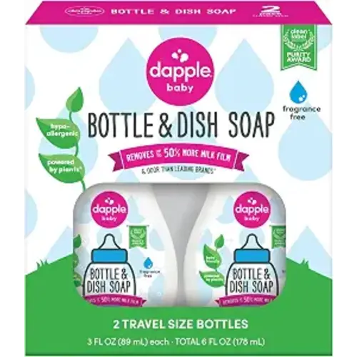 Dapple Baby Fragrance-Free Baby Bottle & Dish Soap - (2 Pack) 3 fl oz - Plant-Powered Cleaner for Bottles, Pump Parts, and Sippy Cups - Travel Size