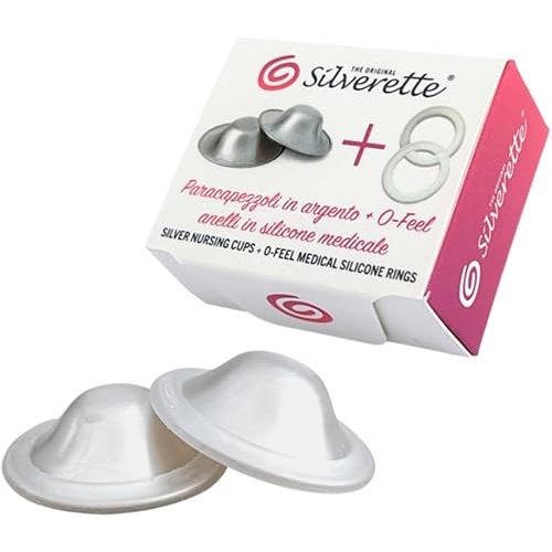 SILVERETTE The Original Silver Nursing Cups, Nipple Covers for Breastfeeding Essentials, Pure 925 Silver Nipple Shields for Breastfeeding Newborn, Regular Size with O-Feel Silicone Rings