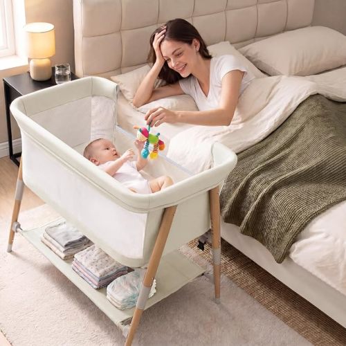 Baby Bassinet, 3 in 1 Bedside Bassinet Sleeper for Newborn, Portable Baby Crib with 4 Detachable Wheels & Adjustable Height, Breathable Mesh & Mattress, Mosquito Net& Storage Basket (White)