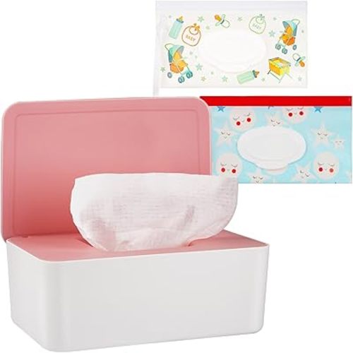 Diaper Wipes Dispenser Wipes Holder, Wipes Tissue Case Keeps Wipes Fresh Tissue Wipes Container with Lid (Pink)