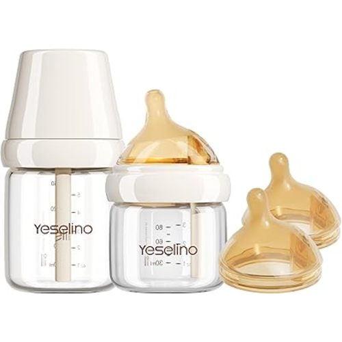 Natural Nursing Glass Baby Bottle - with Anti-Colic Vent System - BPA-Free, 3 oz and 5 oz with Slow Flow & Medium Flow Nipple, 0-6 Months, 2 Pack (Includes 4pcs Nipples)