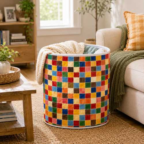 Colorful Mosaic Laundry Basket, Quilted Fabric Hamper, Patchwork Tile Storage Bin for Bathroom, Square Blocks Laundry Organizer