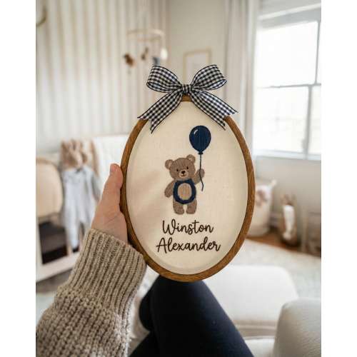 Custom Oval Baby Name, Hand Embroidered Teddy Bear Nursery, Wall Decor, Newborn Gift, T2