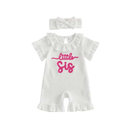 BemeyourBBs Newborn Baby Girls Little Sister Outfit Waffle Knit Ruffle Romper Little Sis Letter Embroidery Short Sleeve Infant Bodysuit Jumpsuit Headband Cute Baby Girl Summer Clothes