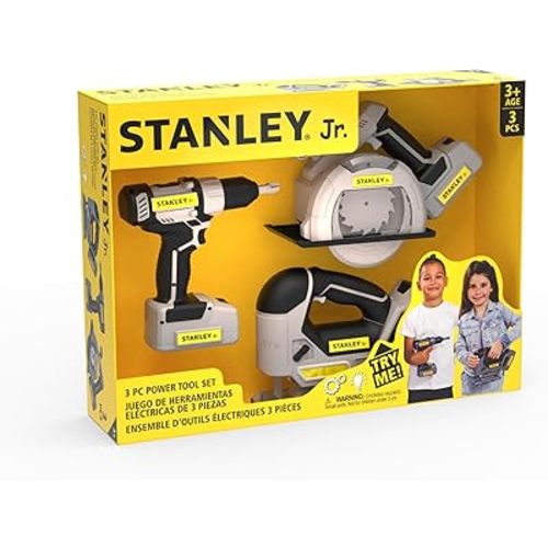 Stanley Jr. 3 Pack Kids Toy Power Tool Set with Drill, Circular Saw and Jigsaw Fun Pretend Play Tools for Young Builders Ages 3+ Batteries Included