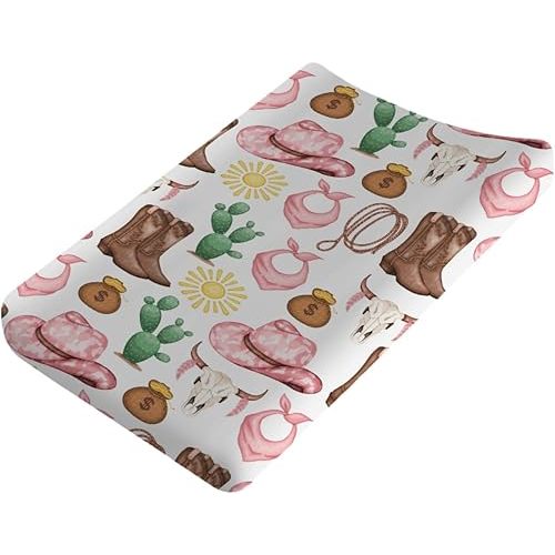 Baby Western Cowgirl Cowboy Changing Pad Covers for Boy Girl 32''x16'' Desert Cowboy Hat Boot Sun Cactus Fitted Diaper Changing Table Pad Sheets Soft Breathable Baby Change Table Mats