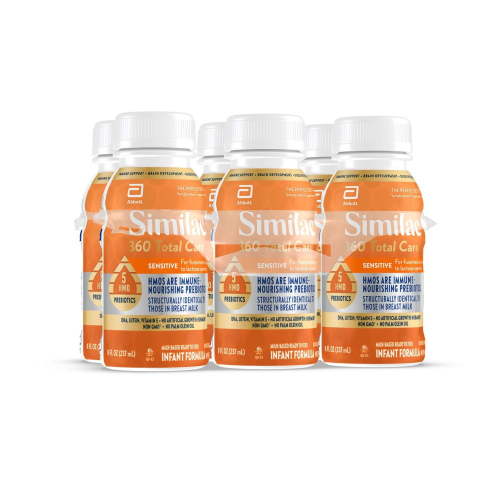 Similac 360 Total Care Sensitive Ready-to-Feed Baby Formula, Has 5 HMO Prebiotics, 8-fl-oz Bottle, Pack of 6