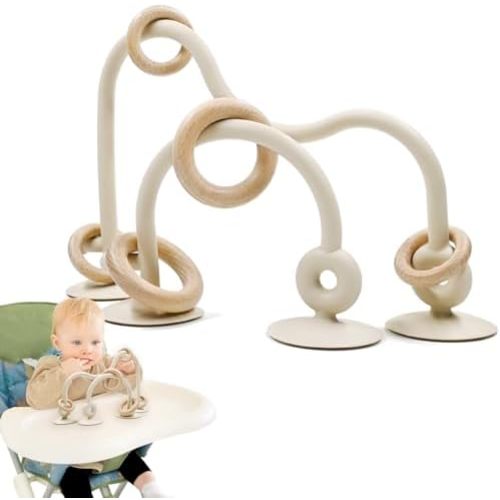 Baby Sensory High Chair Suction Toys for Infant Toddlers 12 18 Months, Food Grade Silicone String with Oak Loop Montessori Educational Parent-Child Baby Bath Toy Gift for Birthday Easter (Beige)