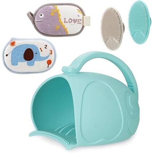 PandaEar Baby Bath Rinse Cup, Silicone Baby Shampoo Rinser with 2 Toddler Bath Sponge & 2 Bath Brush for Infants, Toddler Body Washing, Blue