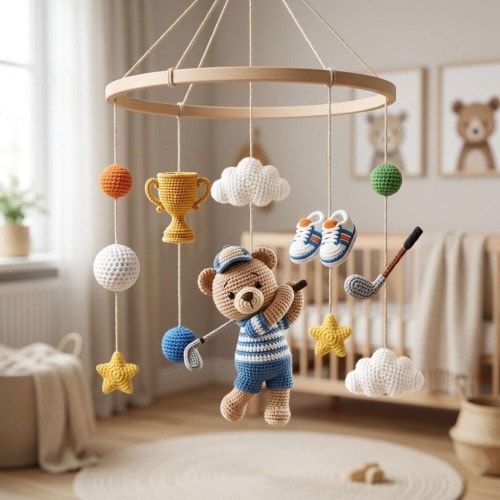 Bear Golf Baby Mobile Crochet Nursery Decor, Sports Animal Nursery Mobile, Baby Boy Shower Gift, Handmade Decor Newborn