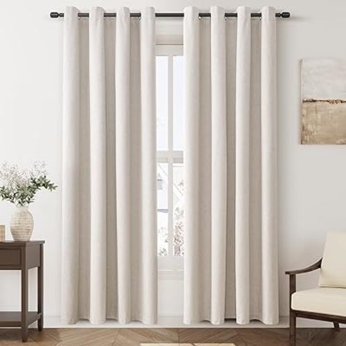100% Blackout Linen Curtains for Bedroom Thermal Insulated Grommet Complete Blackout Drapes 80 Inch Length 2 Panels Set Heat and Full Light Blocking Living Room Darkening Curtains Beige
