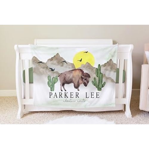 Customized Blanket for Boys, Buffalo Infant Blankets, Personalized Baby Blanket Gift, Toddler Comforter, Bison Nursery Decor, Birthday Gift for Kids, Name Throw Blankets, Christmas Baby Gift