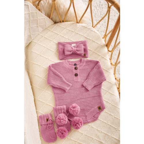 Chunky Knit Romper Set with Bow & Booties in Apple Blossom