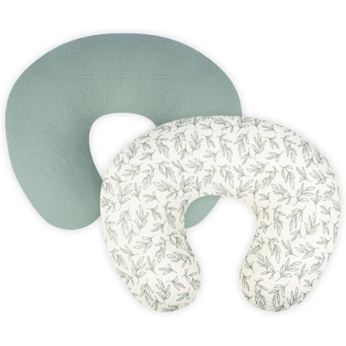 Nursing Pillow Cover - 2-Pack Muslin Cotton Removable Covers for Breastfeeding Pillows, Ultra-Soft Baby Feeding Pillowcase for Boy & Girl, Fits 22.5"x18" Pillows (Green Leaf & Sage Green)