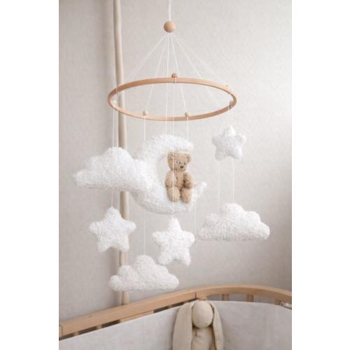 Boucle Teddy Bear Baby Mobile, White Clouds, Moon & Stars Neutral Nursery Decor, Newborn Cot Crib Mobile Carousel, Baby Shower Gift