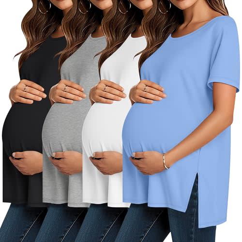 Baggyfly 4 Pack Maternity Shirts Split Side Cotton Pregnancy Tops Loose Fit Crewneck Short Sleeve Casual Maternity Clothes