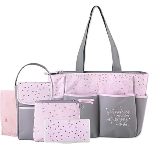 Baby Essentials Diaper Bag Tote 5 Piece Set with Sun, Moon, and Stars, Wipes Pocket, Dirty Diaper Pouch, Changing Pad (Grey/Pink)