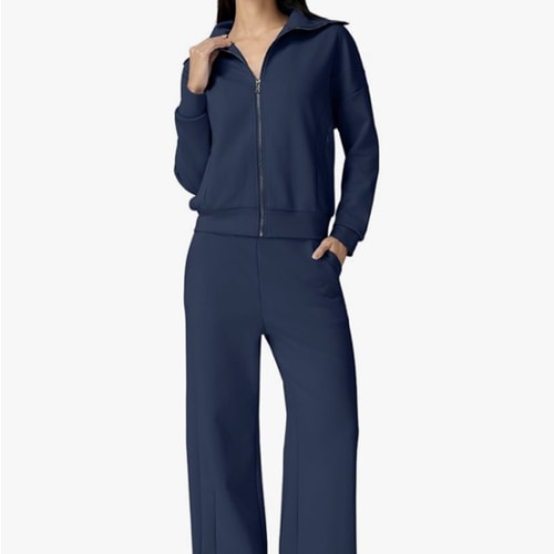 QINSEN Women's Cotton 2 Piece Outfits Lapel Long Sleeve Zip Up Sweatshirt Wide Leg Pants Matching Tracksuit Sets