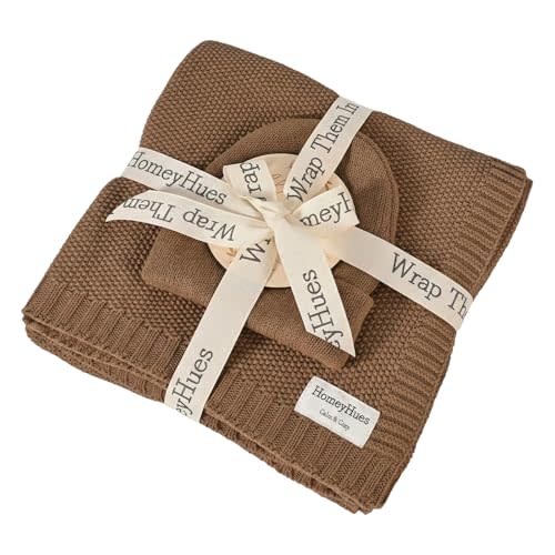 Newborn Baby Gift Set, Cotton Knit Blanket & Matching Beanie for Boys Girls | 100% Organic Cotton| Boutique Gift Ready | Breathable Knit | 30x40 Inch Blanket | 0-6 Months Fit | Easy Care