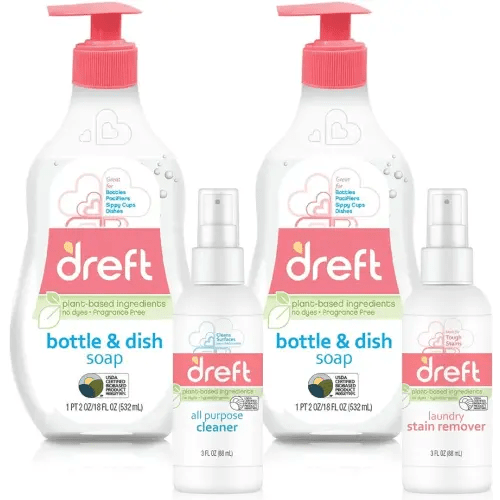 DREFT Bottle and Dish Soap Baby Gift Set - Bonus Travel Size Dreft All Purpose Cleaner & Stain Remover - Made to Clean Baby Essentials - Plant Based Ingredients, Fragrance Free Formula - 4 Piece Set