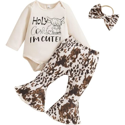 TheFound Infant Baby Girl Clothes Newborn Ruffle Long Sleeve Ribbed Romper Print Bell Bottom Toddler Baby Fall Winter Outfit