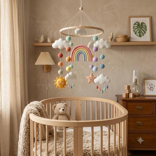 Rainbow Baby Mobile, Felt Rainbow Crib Mobile, Sun Cloud Star Nursery Decor, Pastel Nursery Mobile, Baby Shower Gift, Handmade Baby Mobile