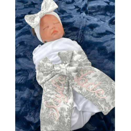 Personalized Toile Baby Swaddle Bow Sash, Pink Toile, Blue Toile, Choo - Just Baby Designs