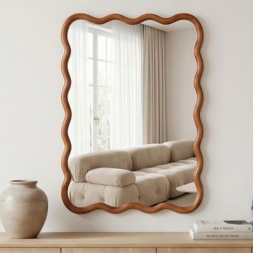 20" x 30" Wall Mirror with Brown Solid Wood Frame, Wavy Rectangle Decorative Mirror for Bathroom, Bedroom, Living Room, Entryway-Panipeachy