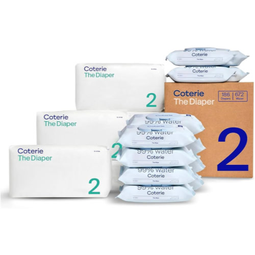 Coterie Baby Wipes + Diapers Kit, Size 1 (198 Count) & Size Newborn Diapers (93 Count), 4 Pack (224) Wipes with 99% Water, Plant Based Materials, Hypoallergenic for Sensitive Skin, Baby Essentials