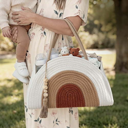 Baby Diaper Caddy Organizer, Caveen Cotton Rope Diaper Caddy Basket with Dividers, Portable Car Organizer for Nursery Essentials, Baby Shower Gifts