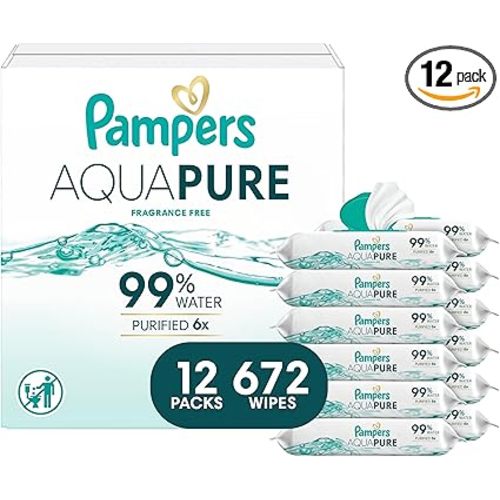 Pampers Aqua Pure Baby Wipes, 99% Water, Fragrance Free, Unscented, Water Based, Multi-Use, 672 Wipes Total (12X Flip-Top Packs) [Packaging May Vary]