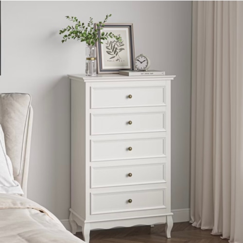 Heynemo Dresser for Bedroom, Modern 5 Drawer Dresser with Solid Wood Legs and Painted Finish, Ideal for Living Room, Nursery, Hallway, Entryway, White