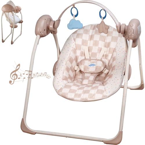 Baby Swings for Infants, Tiny Marvels Portable Swing with Adaptable Speed, Music, Removable-Toy-Bar, Foldable Infant Swing for Indoor and Outdoor Use, 0-9 Months 6-20 lbs(Sander Checker)