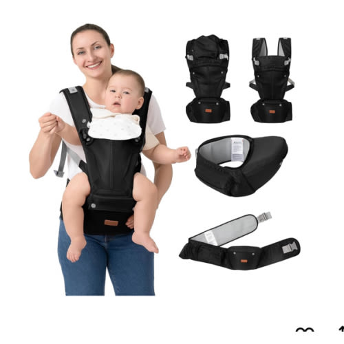 BabbleRoo Grow Carrier – Safety-Certified 6-in-1 Baby Carrier with Hip Seat, Ergonomic & Adjustable Toddler Carrier 7-50 lbs with Hip Support, Hood for Sun Protection, Newborn to Toddler, Black