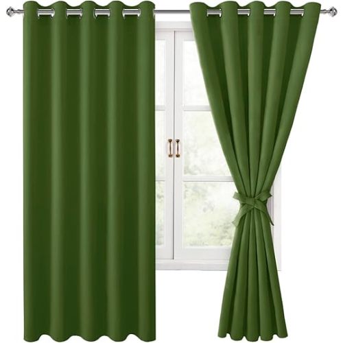 Hiasan Christmas Blackout Curtains for Bedroom, 60 x 63 Inches Length - Thermal Insulated & Energy Saving Window Curtains for Living Room, 2 Drape Panels Sewn with Tiebacks, Olive Green