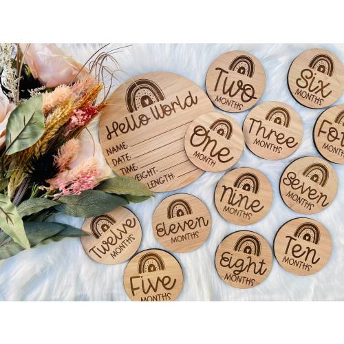 Wood rainbow baby birth announcement and monthly milestone photo markers
