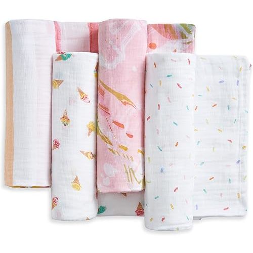 aden + anais Essentials Cotton Muslin Swaddles, Breathable Baby Blanket, Ideal for Boys, Girls, Newborns, Babies & Infants, Receiving Blanket, Soft and Lightweight Wrap, 4 Pack, Ice Cream Dreams