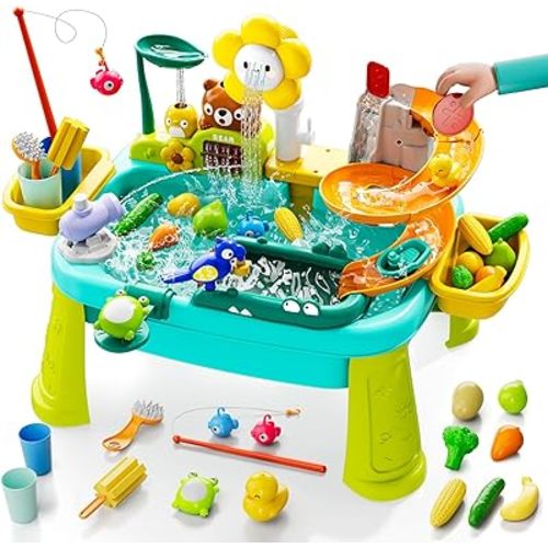 4-in-1 Kids Play Sink with Running Water, Mini Water Table with Detachable Legs, Upgraded Faucet and Dishes, Children Electric Dishwasher Toy, Kitchen Sensory Set (Blue)