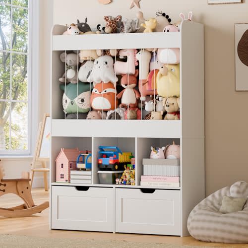 51.7" H Kids Toy Storage Organizer with 100L Stuffed Animal Storage Zoo, 3-Tier Montessori Wooden Bookshelf with 2 Movable Bins and 3 Cubes, Tall Storage Cabinet for Kids Room Playroom Nursery, White