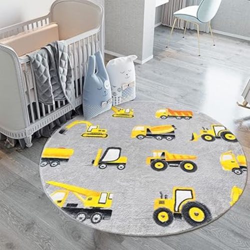 Poowe Round Construction Trucks Kids Area Rug Soft Fluffy Kids Construction Rugs for Playroom Nonslip Digger Nursery Rug for Boys Room,4FT