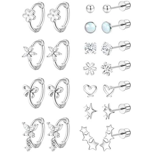 YADOCA Hypoallergenic Earrings for Girls Cute Kids Jewelry Screw Back Toddler Baby Earrings Hoop Huggie Surgical Stainless Steel Stud Earrings Set for Sensitive Ears Flower Heart Earrings for Women