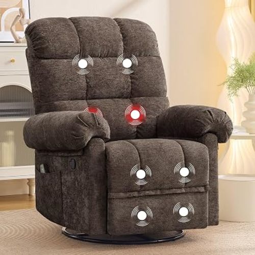 Korser 360° Swivel Rocker Recliner Chair, Rocking Chair Nursery with Massage and Heat, Small Recliners for Small Spaces, Manual Recliner Chair with Cozy Chenille Fabric, Side Pockets for Living Room