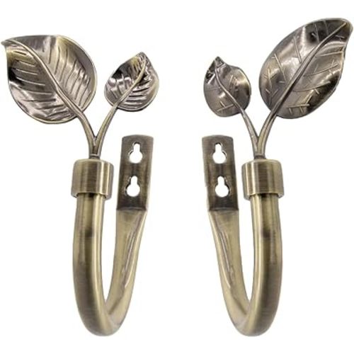 Premium Metal Leaf Curtain Holdbacks (2 Pack), Antique Brass Finish, Heavy Duty Hooks for Drapes, Sheers, Swags