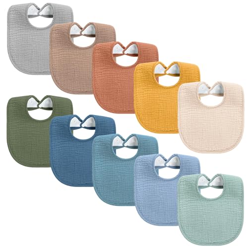 Yoofoss 10 Pack Muslin Baby Bibs for Drooling and Teething, Cotton Bandana Drool Bibs for Baby Girl Boy Unisex 0-36 Months